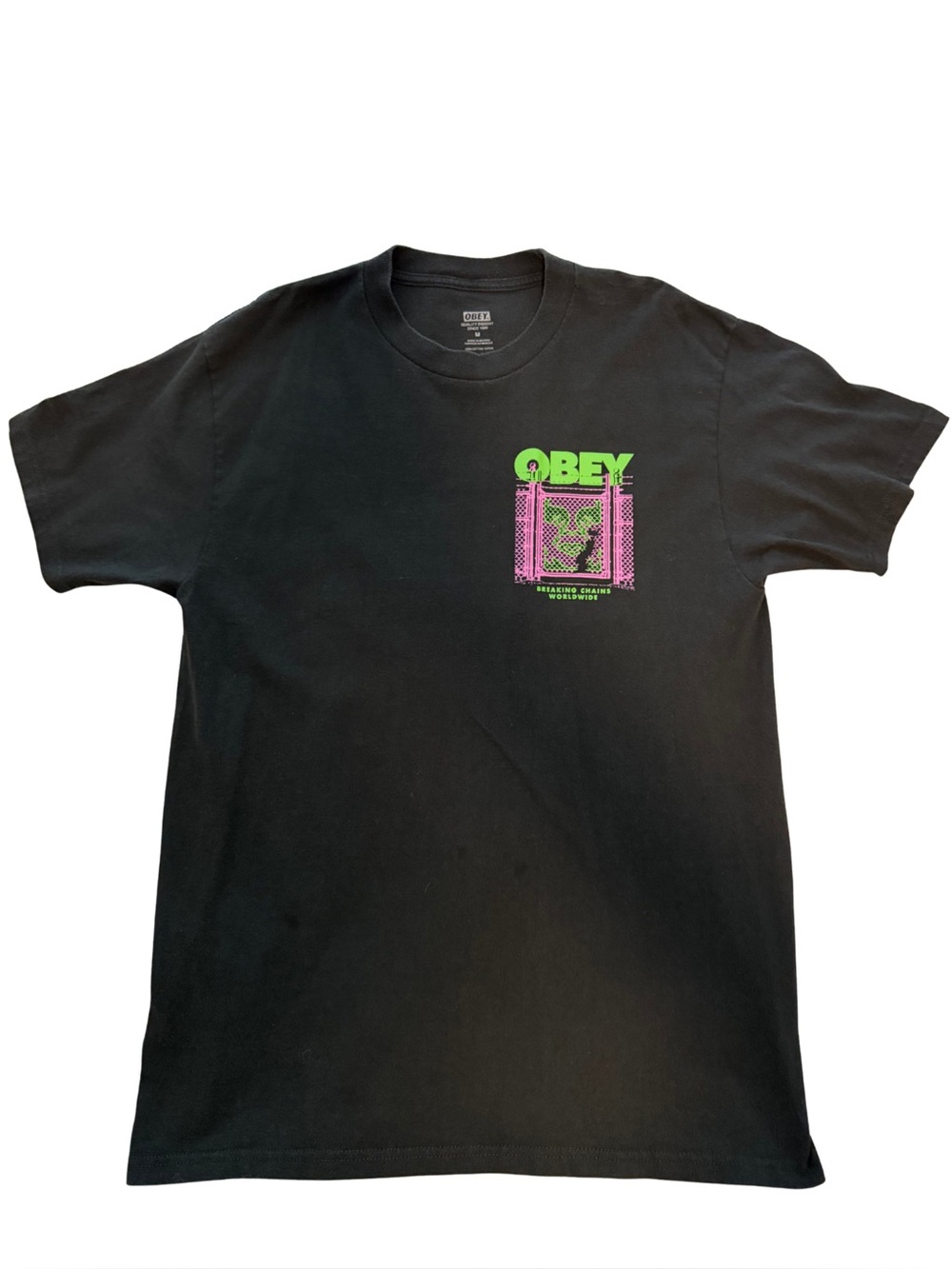 Obey Black Tee with Neon Green & Pink Chest Graphic